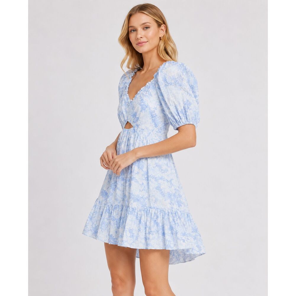 Cinq à Sept Blue Floral Mini Dress Cutout Puff Sleeve Fit & Flare Women's 0 - Picture 2 of 14